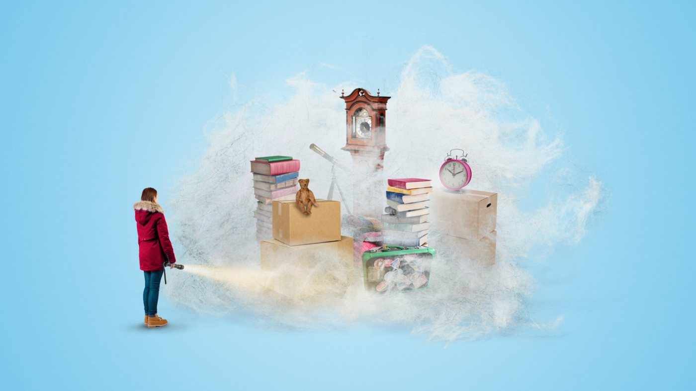 A figure spraying a cloud of memories — boxes, books and a clock