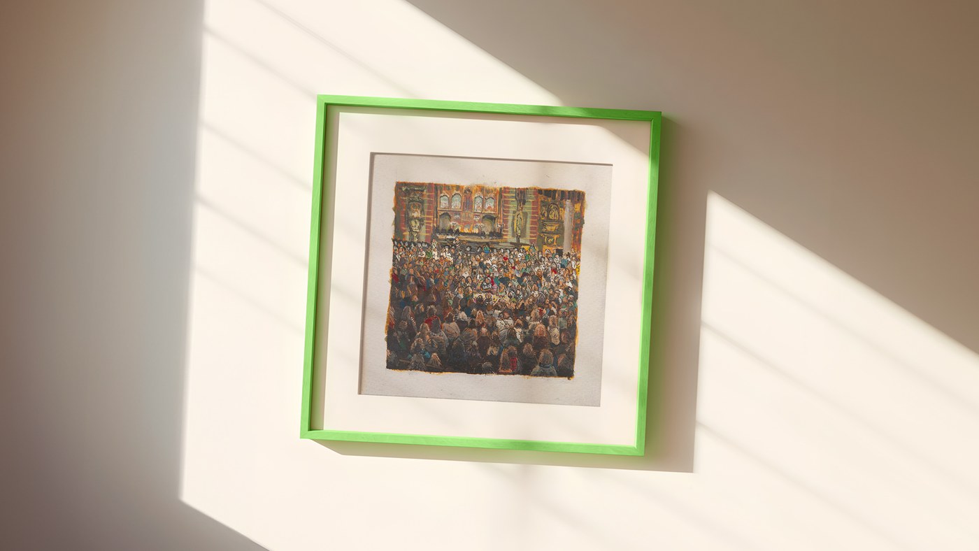 A framed original painting on a sunlit wall